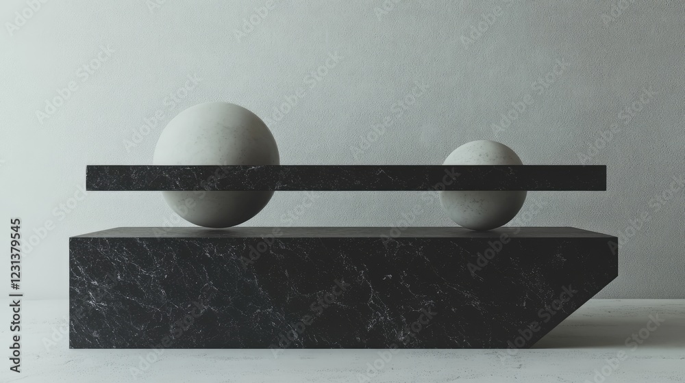 Poster a 3d rendering of balanced shapes or items, symbolizing harmony and equilibrium in a sleek, minimali
