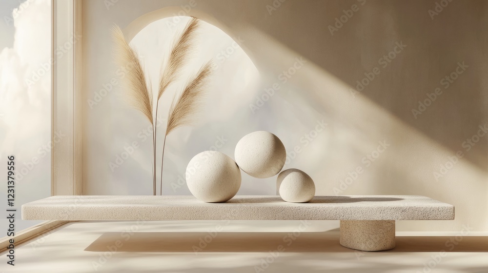 Poster a 3d rendering of balanced shapes or items, symbolizing harmony and equilibrium in a sleek, minimali