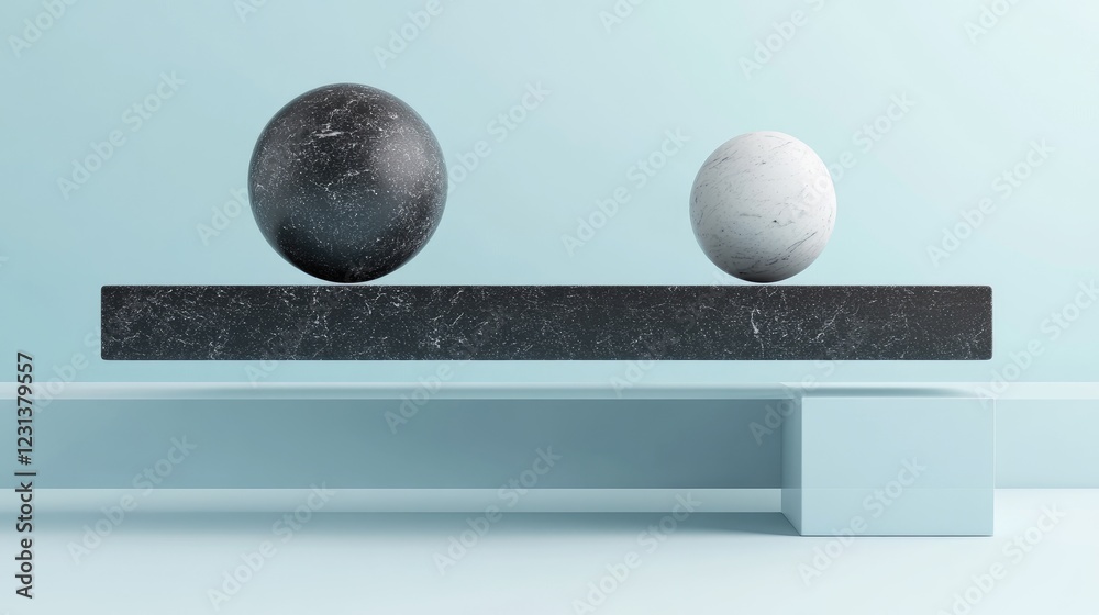 Poster A 3D rendering of balanced shapes or items, symbolizing harmony and equilibrium in a sleek, minimalist design for creative or business use