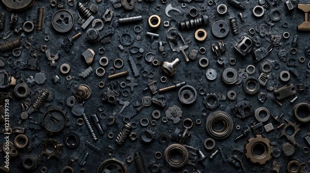 Poster a background of various nuts and bolts in different sizes and shapes, evoking the feeling of precisi