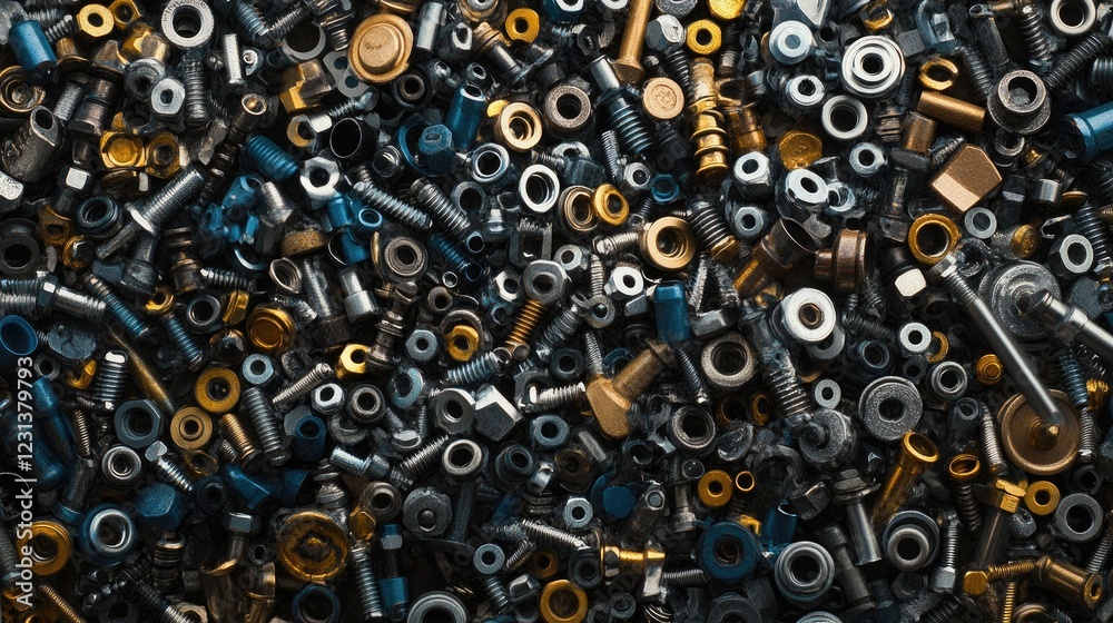 Poster a background of various nuts and bolts in different sizes and shapes, evoking the feeling of precisi