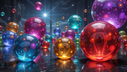 Colorful glass orbs floating in cosmic space, captivating beauty
