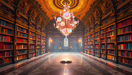 Obraz premium library where every detail is extravagant Chandeliers made of crystal-like fractals