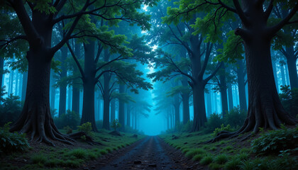 Obraz premium Mysterious forest path in twilight, enchanting tranquility