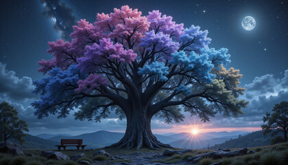 Vibrant tree with crystalline leaves under moonlight, enchanting fantasy