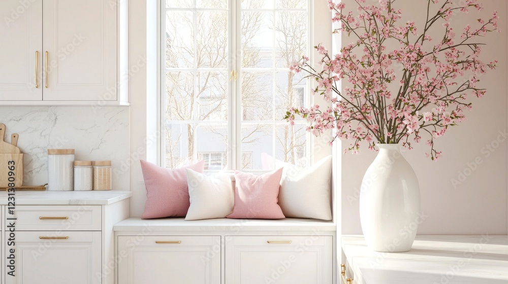 Poster in a serene white kitchen, soft light filters through large windows, illuminating a cozy window seat