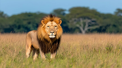 Fototapeta premium Majestic male lion in African savanna, wildlife photography