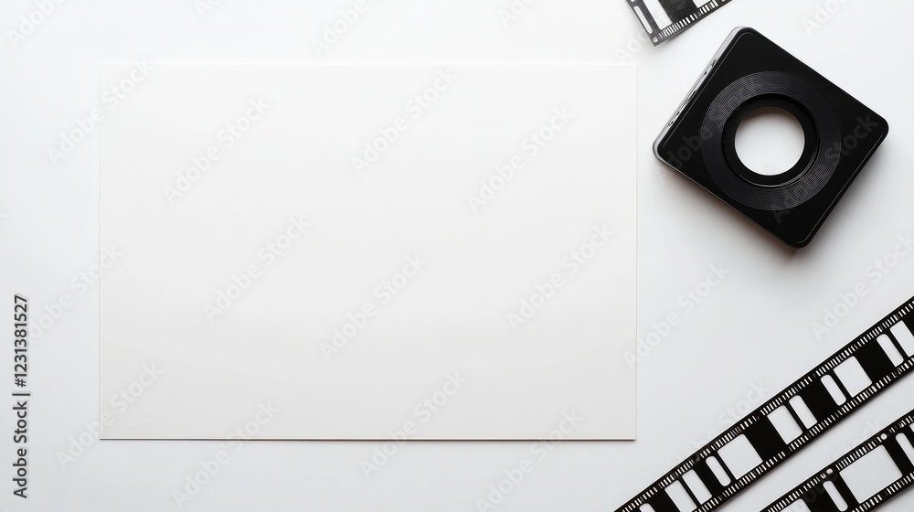 Poster a blank photo on a clean white background with an adjacent film strip, creating a minimalist, custom