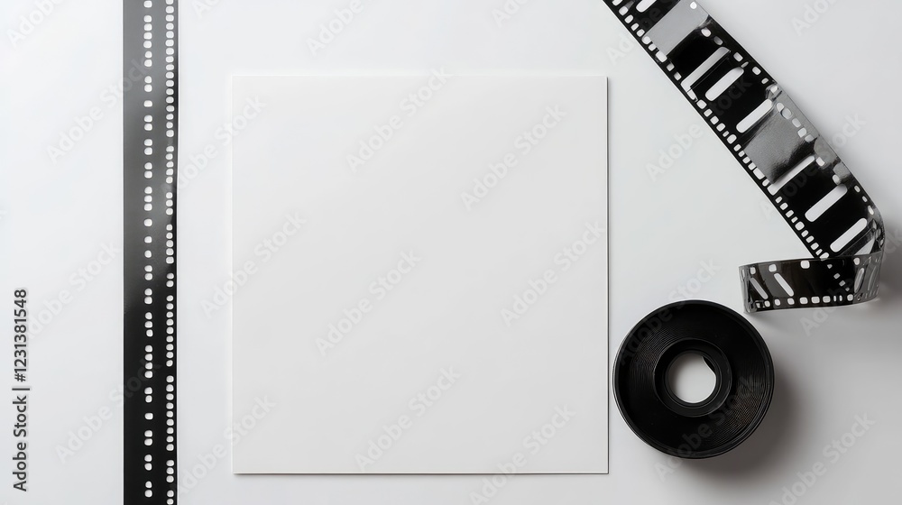 Poster a blank photo on a clean white background with an adjacent film strip, creating a minimalist, custom