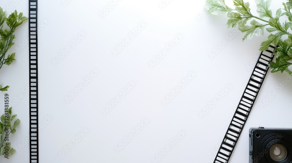 Poster a blank photo on a clean white background with an adjacent film strip, creating a minimalist, custom