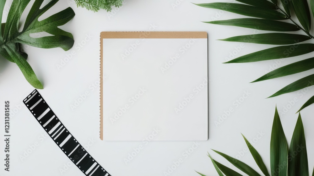 Poster a blank photo on a clean white background with an adjacent film strip, creating a minimalist, custom