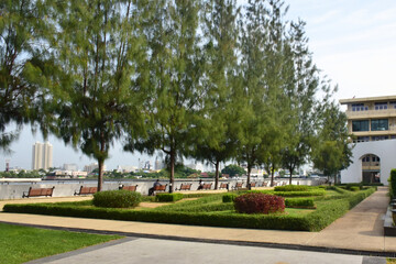 Bangkok, Thailand - 12 August 2015: Thammasat University features a garden with benches near the riverside of the Chao Phraya River in Tha Phra Chan.