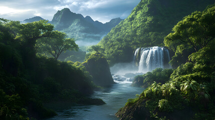 with cascading waterfalls, lush greenery, and mist rising from the flowing river 