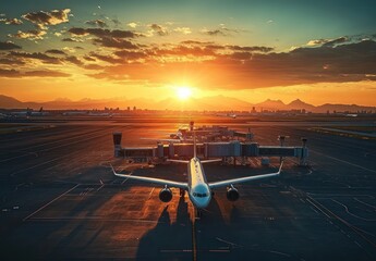 Fototapeta premium Tranquil Sunset Over Airport Terminal with Airplanes and Warm Golden Light