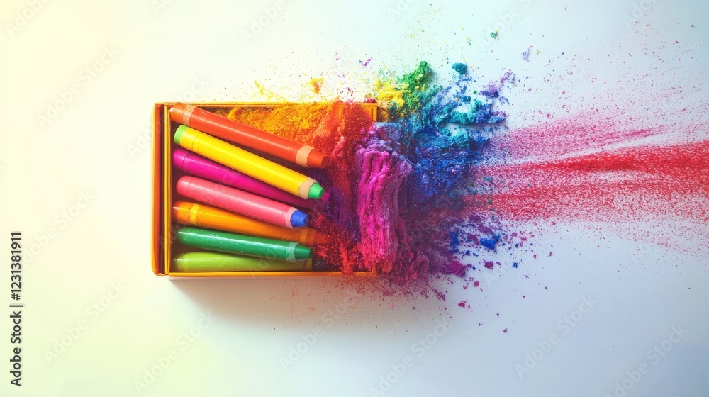 Poster a box of crayons in vivid colors on a light background, spilling out in an artistic and colorful dis