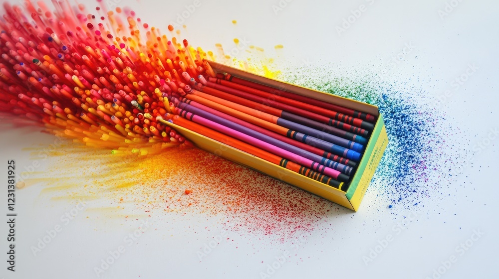 Poster a box of crayons in vivid colors on a light background, spilling out in an artistic and colorful dis