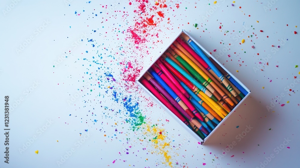 Poster a box of crayons in vivid colors on a light background, spilling out in an artistic and colorful dis