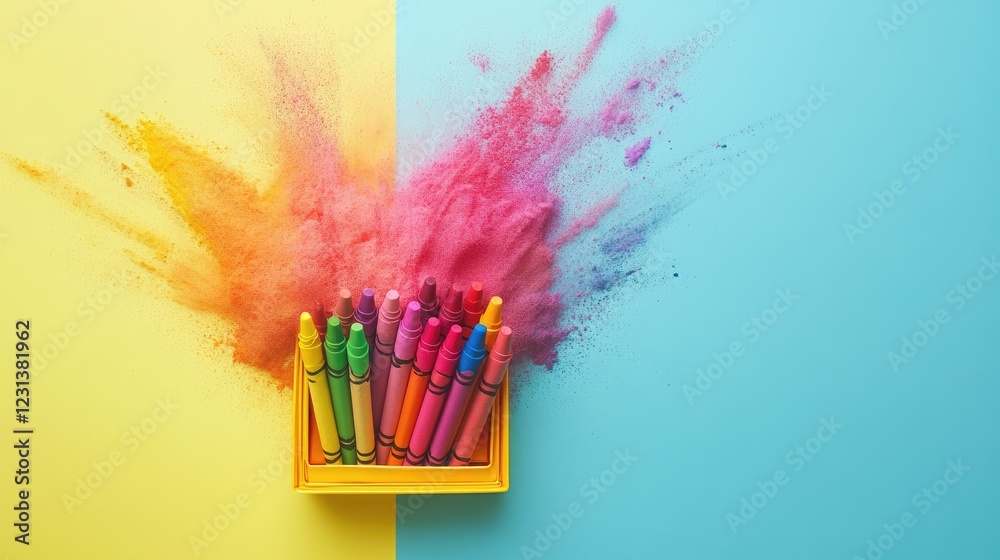 Poster a box of crayons in vivid colors on a light background, spilling out in an artistic and colorful dis