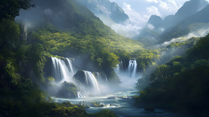 with cascading waterfalls, lush greenery, and mist rising from the flowing river 