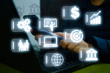 Entrepreneur holds mobile with bonds on display screen. Bond Finance Banking Technology concept. Trade Market Network with business person