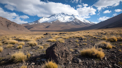 with rugged terrain, sparse vegetation, and a snow-capped mountain range in the background 