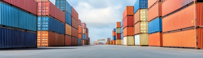 Fototapeta premium Optimizing Logistics for Efficient Operations, Shipping containers lined up in a port, showcasing vibrant colors against a clear sky.