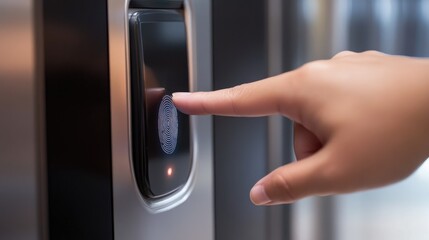 Naklejka premium A clear, close-up shot of a fingerprint scan button, representing advanced access control systems, biometric verification, and electronic security