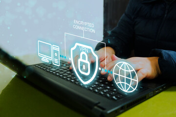 VPN Virtual Private network protocol concept, Woman hand typing on keyboard computer with vpn icon...