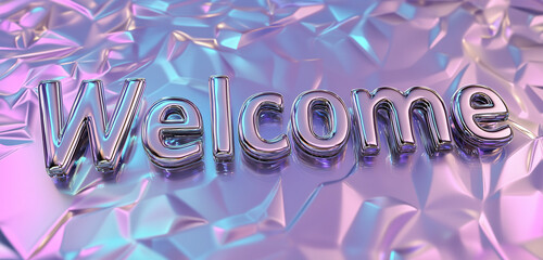 Metallic Welcome text in silver, surrounded by shimmering geometric patterns on a smooth gradient background transitioning from purple to blue.