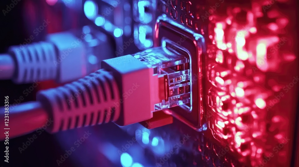 Poster A close-up of a network cable connected to a firewall, with blinking LEDs indicating secure and encrypted data transmission, symbolizing cybersecurity