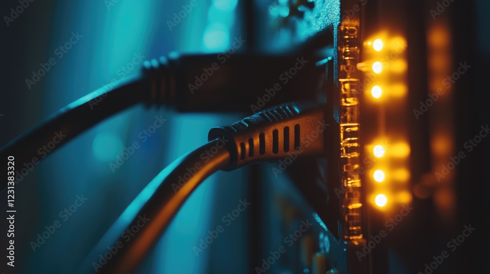 Poster A close-up of a network cable connected to a firewall, with blinking LEDs indicating secure and encrypted data transmission, symbolizing cybersecurity