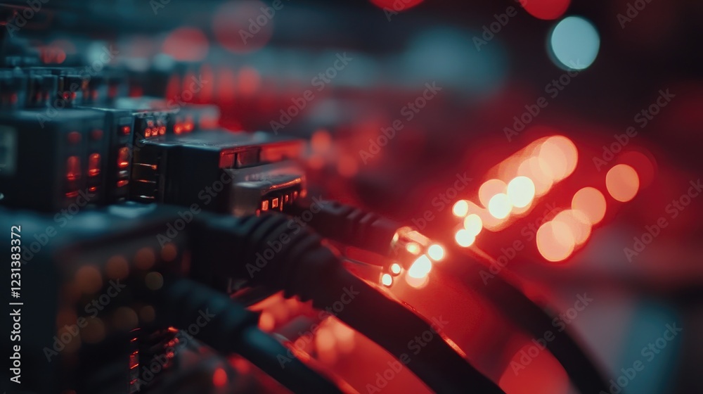 Poster A close-up of a network cable linked to a firewall, with blinking lights signaling encrypted and secure communication in digital networks