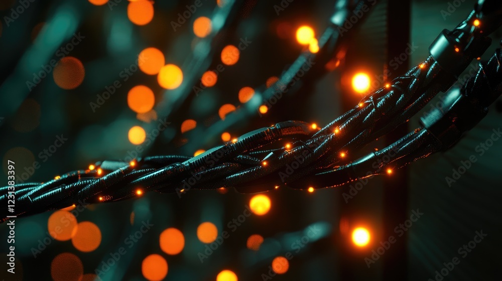 Poster A close-up of a network cable linked to a firewall, with blinking lights signaling encrypted and secure communication in digital networks