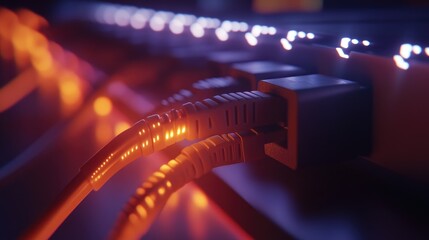 A close-up of a network cable connected to a firewall, with blinking LEDs indicating secure and...