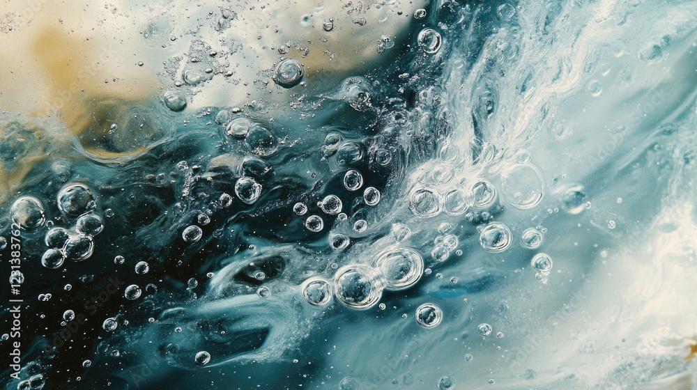 Poster a close-up of a smooth, transparent water surface with bubbles and splashes, perfect for calming or 