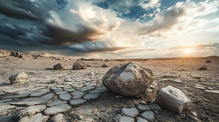 wasteland with cracked earth, scattered boulders, and a dramatic cloudy sky overhead 