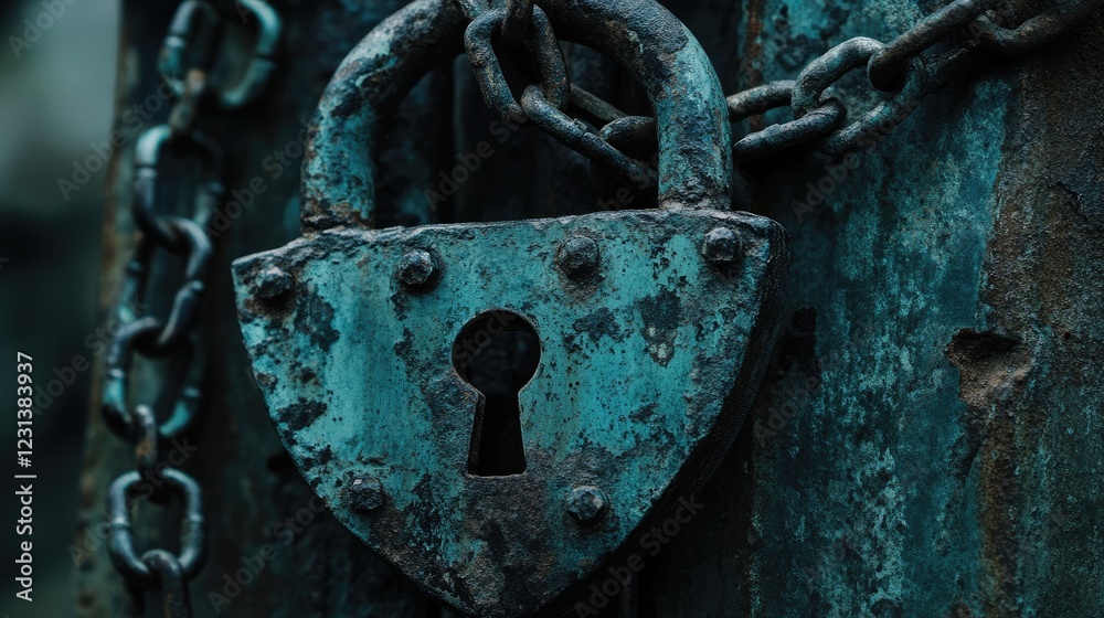 Poster A close-up of a weathered chain and padlock, with rust and wear visible, symbolizing the concepts of security, strength, and protection