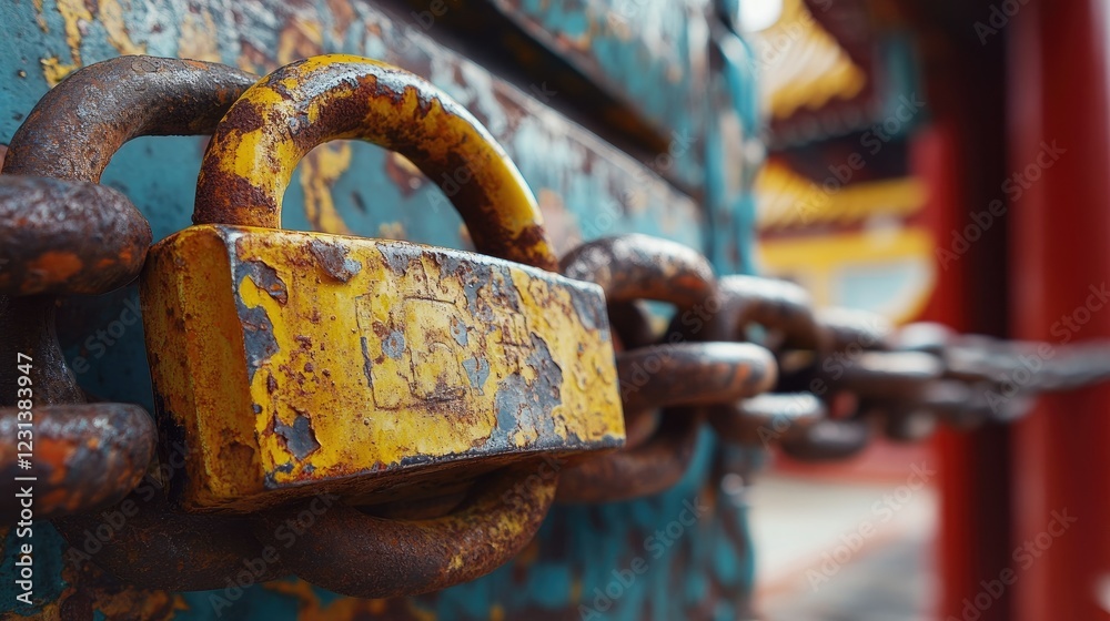Poster A close-up of a weathered chain and padlock, with rust and wear visible, symbolizing the concepts of security, strength, and protection