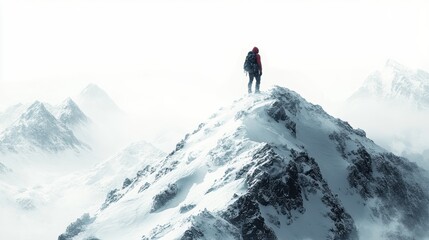 Traveler with backpack on snowy mountain peak, on white background.