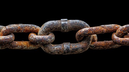 Fototapeta premium A close-up of a worn, rusted chain and padlock on a black background, symbolizing strength, protection, and security in a gritty, industrial setting