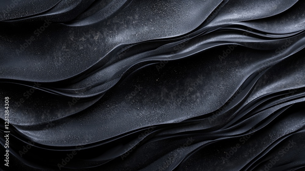 Poster a close-up of dark black sand dunes with beautiful wave patterns, perfect for abstract textures or n