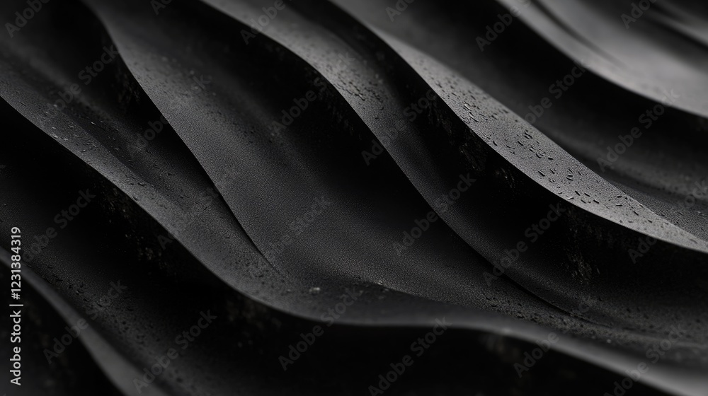 Poster a close-up of dark black sand dunes with beautiful wave patterns, perfect for abstract textures or n