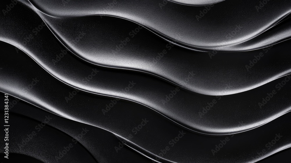 Poster a close-up of dark black sand dunes with beautiful wave patterns, perfect for abstract textures or n
