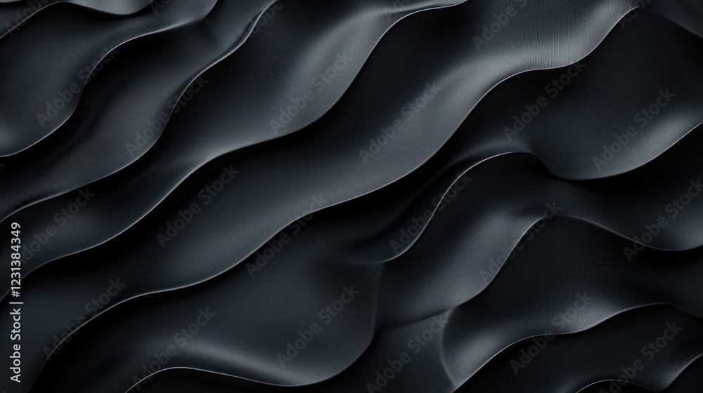 Poster a close-up of dark black sand dunes with beautiful wave patterns, perfect for abstract textures or n