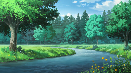 Fototapeta premium Forest with river flowing through the meadow illustration