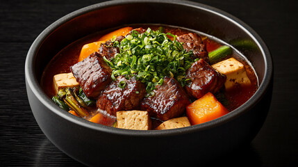 Fototapeta premium sukiyaki bowl with beef and tofu