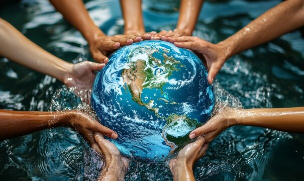 Group of people holding hands around a globe submerged in water, highlighting global cooperation for water conservation, World Water Day concept