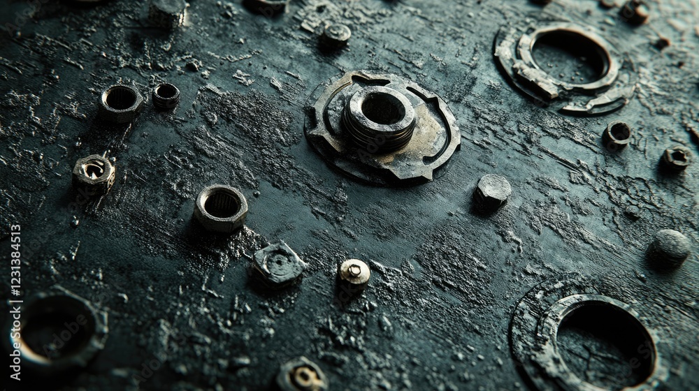 Poster A close-up of scattered nuts and bolts on a textured surface, creating a mechanical, industrial background for tools or engineering-related concepts