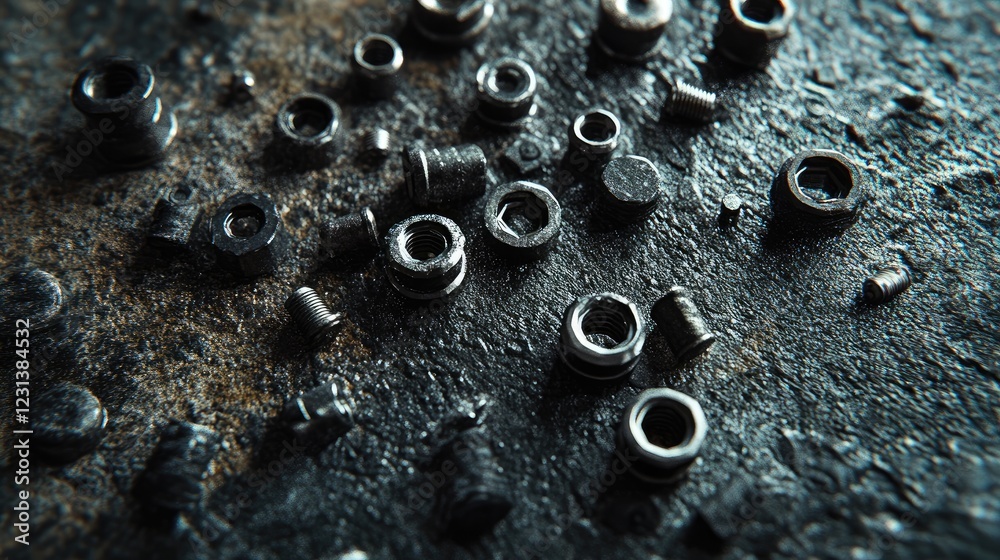Poster A close-up of scattered nuts and bolts on a textured surface, creating a mechanical, industrial background for tools or engineering-related concepts