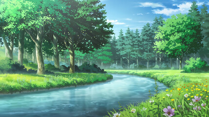 Forest with river flowing through the meadow illustration